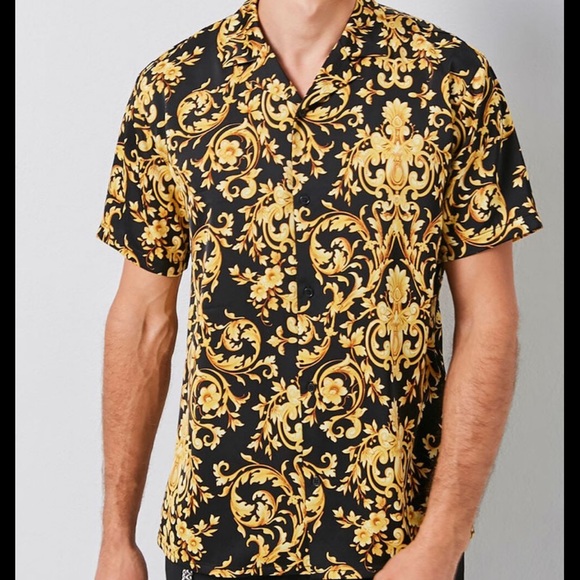 NWOT Forever 21 Baroque Gold Satin Button Down - Picture 2 of 3